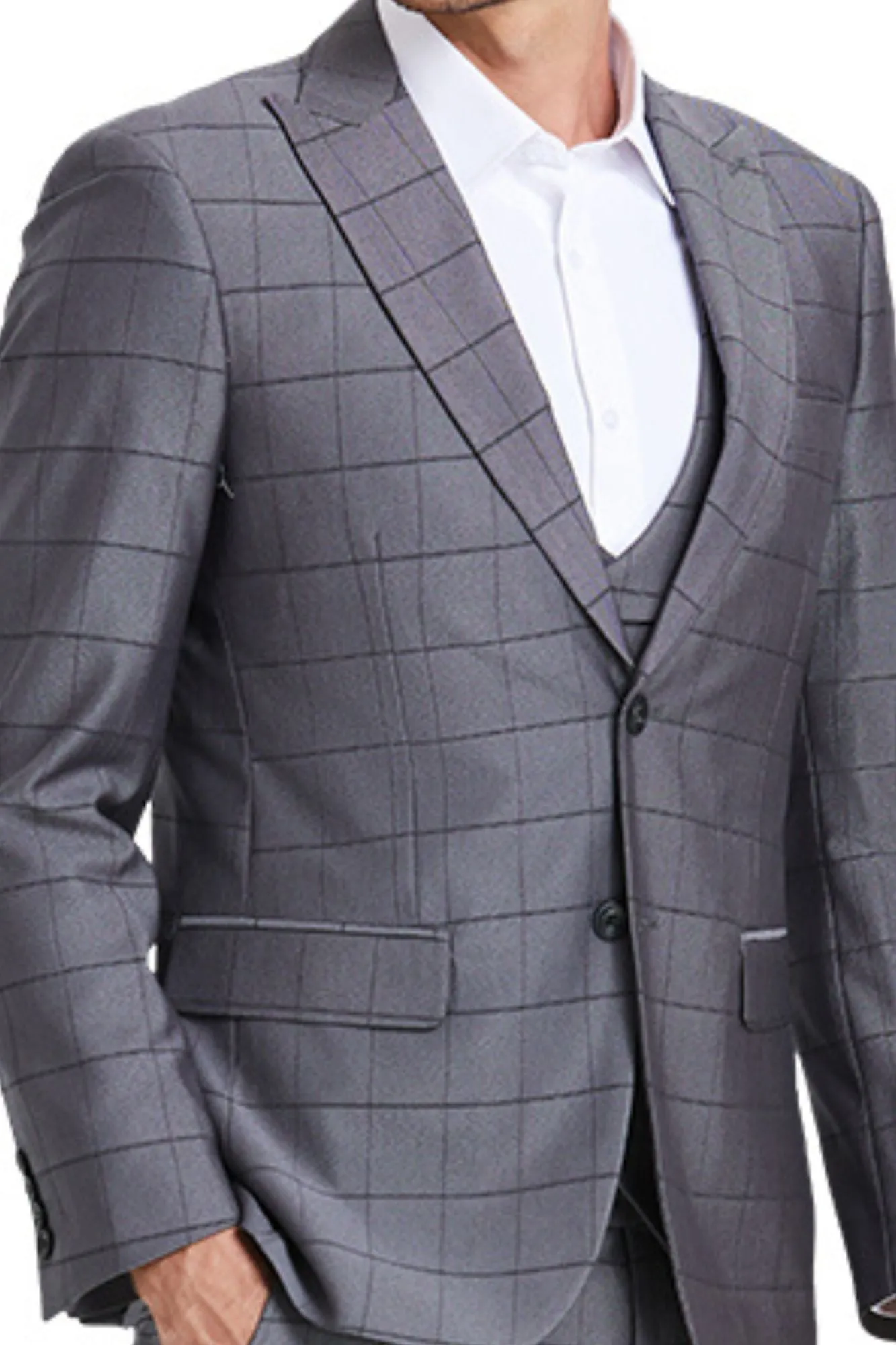 Poseidon Collection: 3-Piece Slim Fit Windowpane Suit For Men In Grey