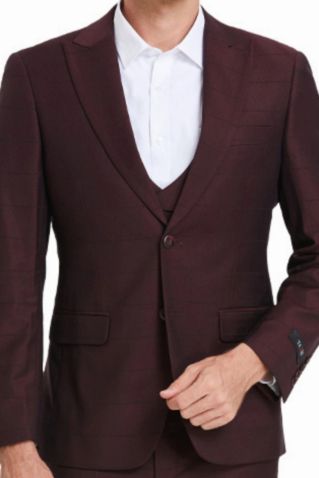Poseidon Collection: 3-Piece Slim Fit Windowpane Suit For Men In Wine