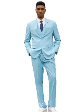 PoshPerry Collection: Men's 3 Piece Solid Textured Hybrid Fit Suit In Aqua
