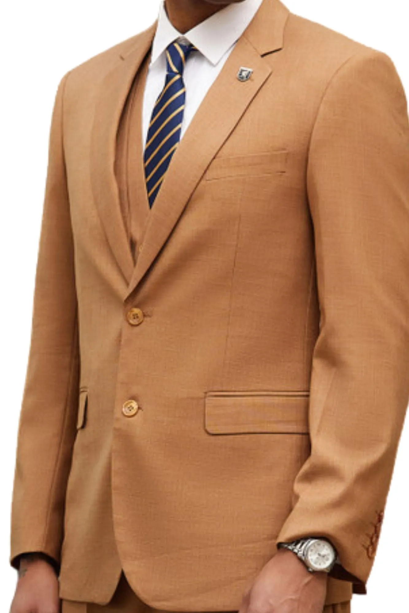 PoshPerry Collection: Men's 3 Piece Solid Textured Hybrid Fit Suit In Coffee