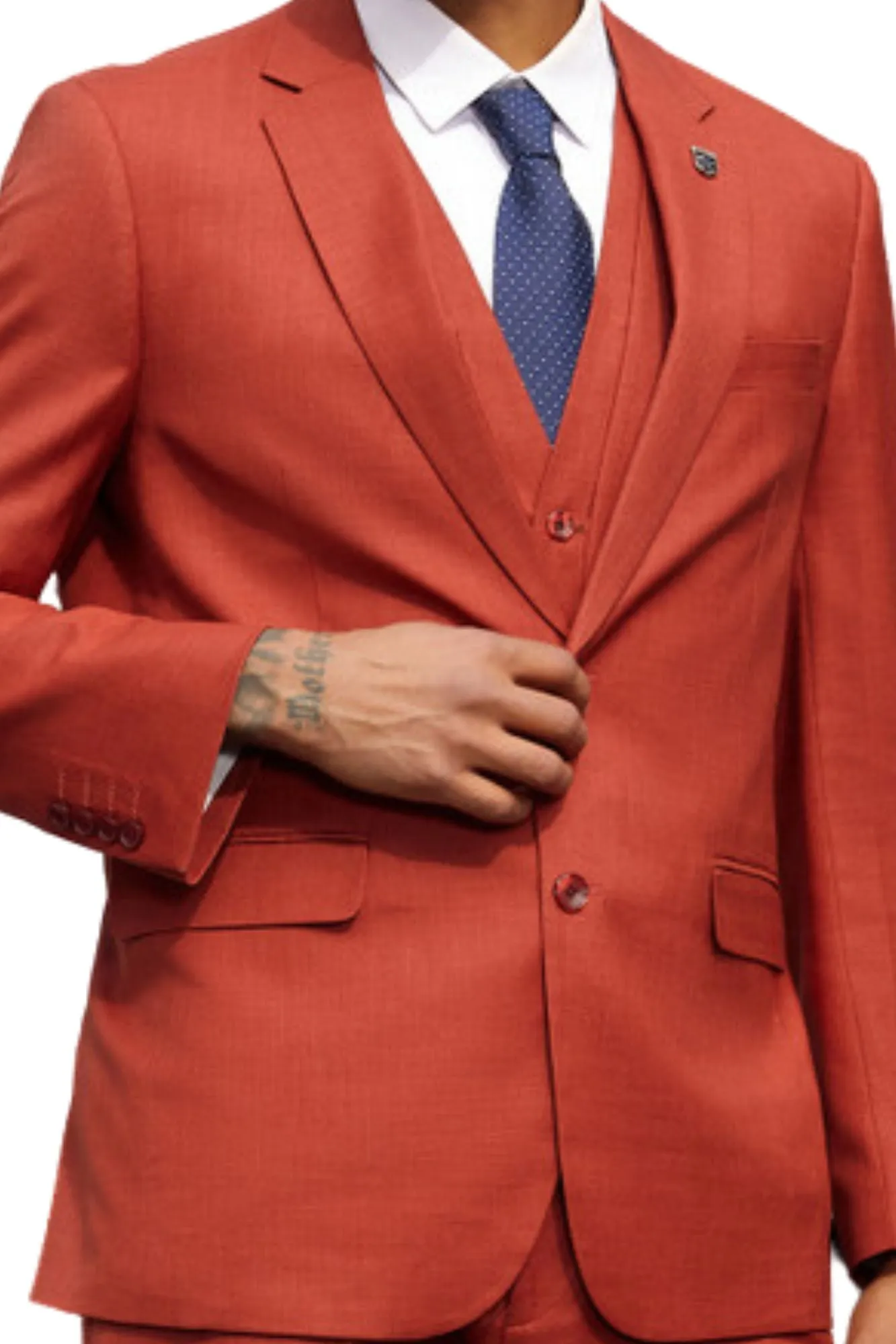 PoshPerry Collection: Men's 3 Piece Solid Textured Hybrid Fit Suit In Rust