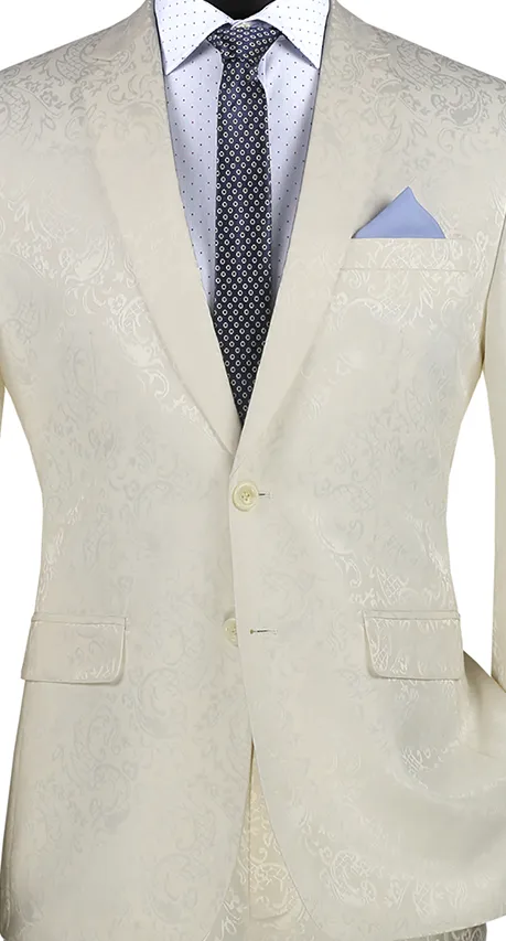 PoshPunto Collection: Ivory 2 Piece Tone on Tone Paisley Print Single Breasted Slim Fit Suit