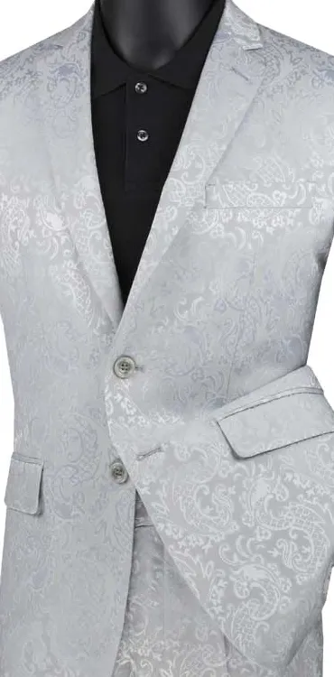 PoshPunto Collection: Silver 2 Piece Tone on Tone Paisley Print Single Breasted Slim Fit Suit