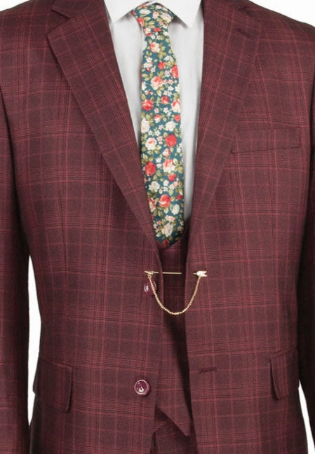 Procyon Collection: Burgundy Glen Plaid Single-Breasted Classic Fit 3-Piece Suit