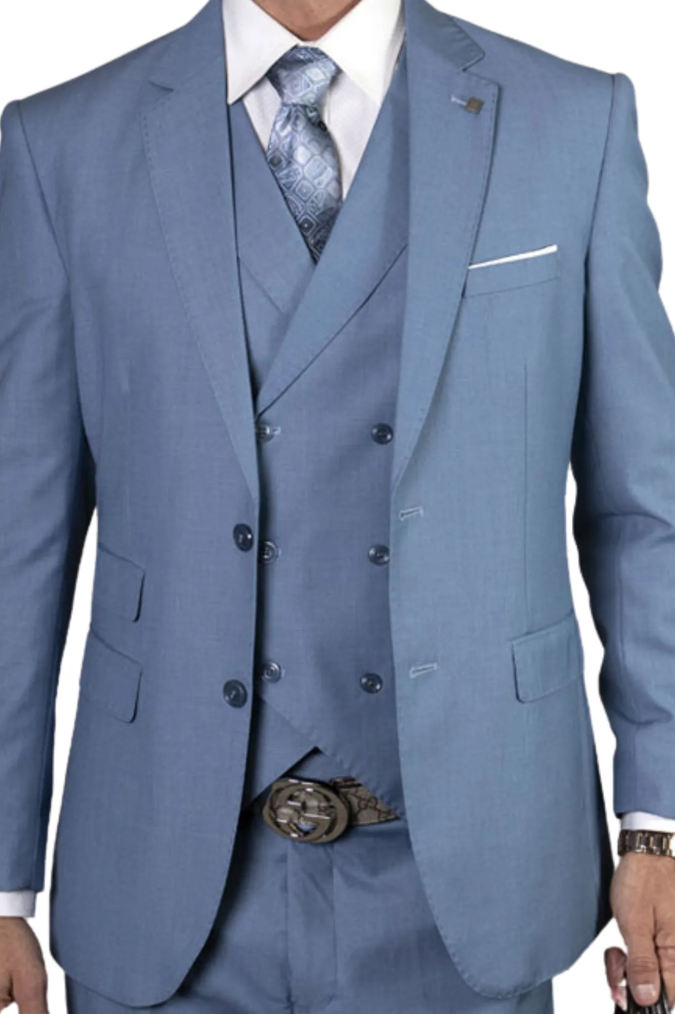 Qualitique Collection: Steel Blue 3PC Modern Fit Suit with Double Breasted Vest