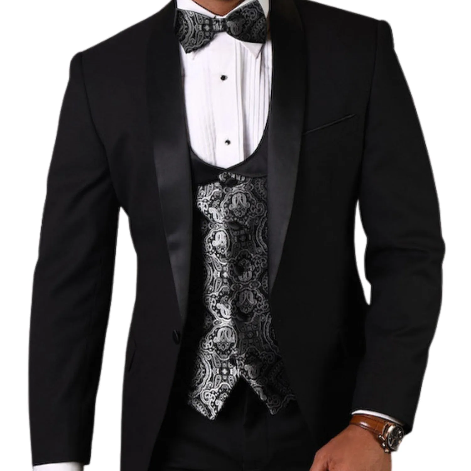 Quantum Collection: Black Tailored Fit Tuxedo, 3-Piece with Flat Front Pants and Bow Tie