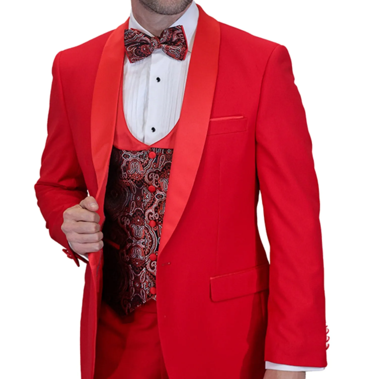 Quantum Collection: Red Tailored Fit Tuxedo, 3-Piece with Flat Front Pants and Bow Tie