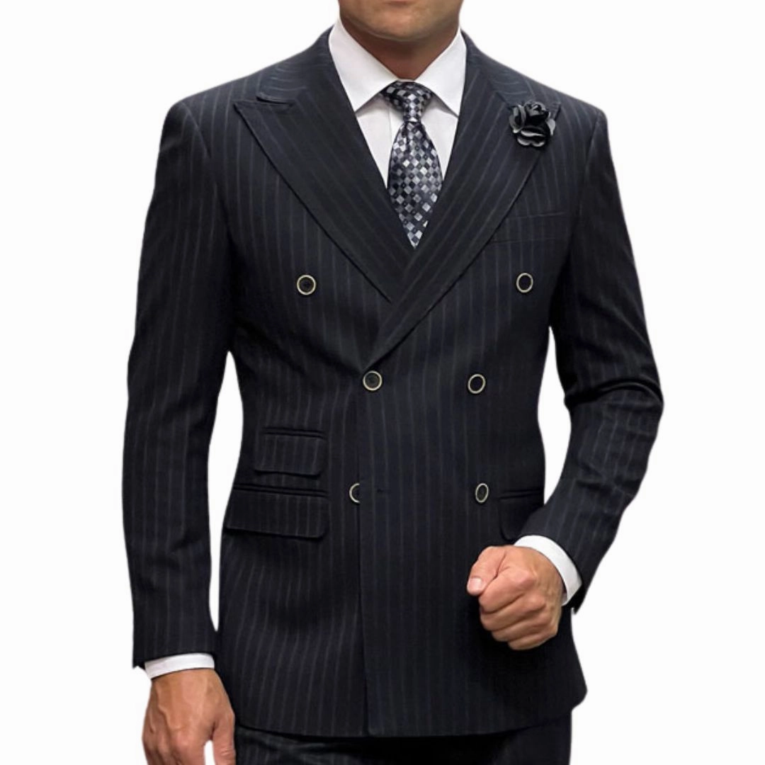 Regent Noir Collection: Black 2-Piece Pinstripe Double-Breasted Suit