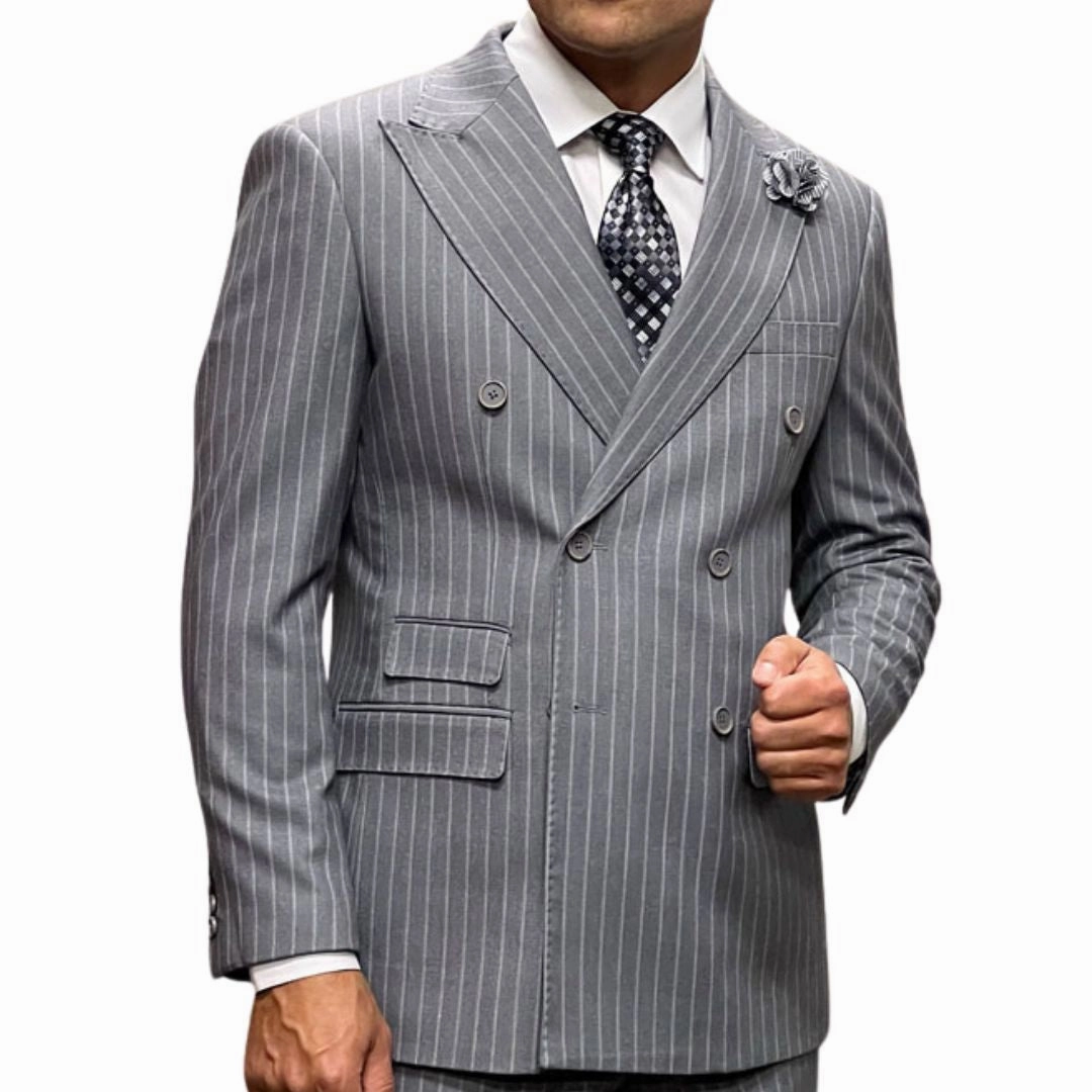 Regent Noir Collection: Grey 2-Piece Pinstripe Double-Breasted Suit
