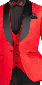 Riverra Collection: Red 3 Piece Jacquard Pattern Single Breasted Slim Fit Tuxedo