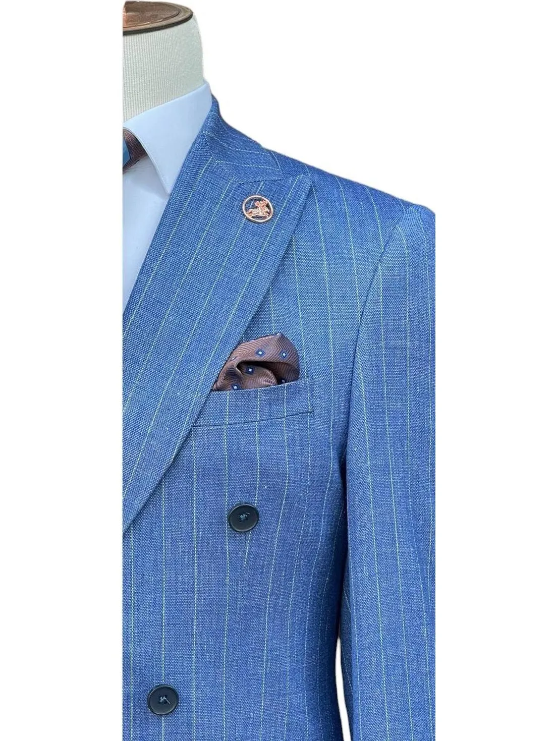 Romaster Mens Slim Fit Blue Pinstriped Double Breasted Linen Blend 2 Piece Suit