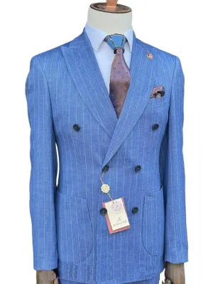 Romaster Mens Slim Fit Blue Pinstriped Double Breasted Linen Blend 2 Piece Suit