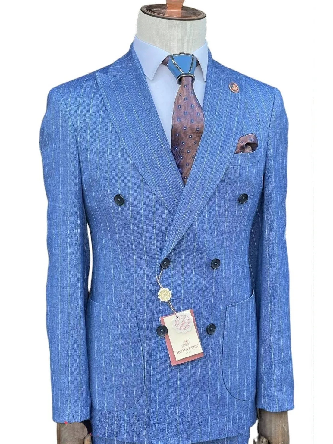 Romaster Mens Slim Fit Blue Pinstriped Double Breasted Linen Blend 2 Piece Suit