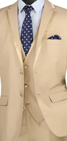 Royal Ravine Collection: Beige 3 Piece Satin Trimmed Lapel Single Breasted Slim Fit Suit
