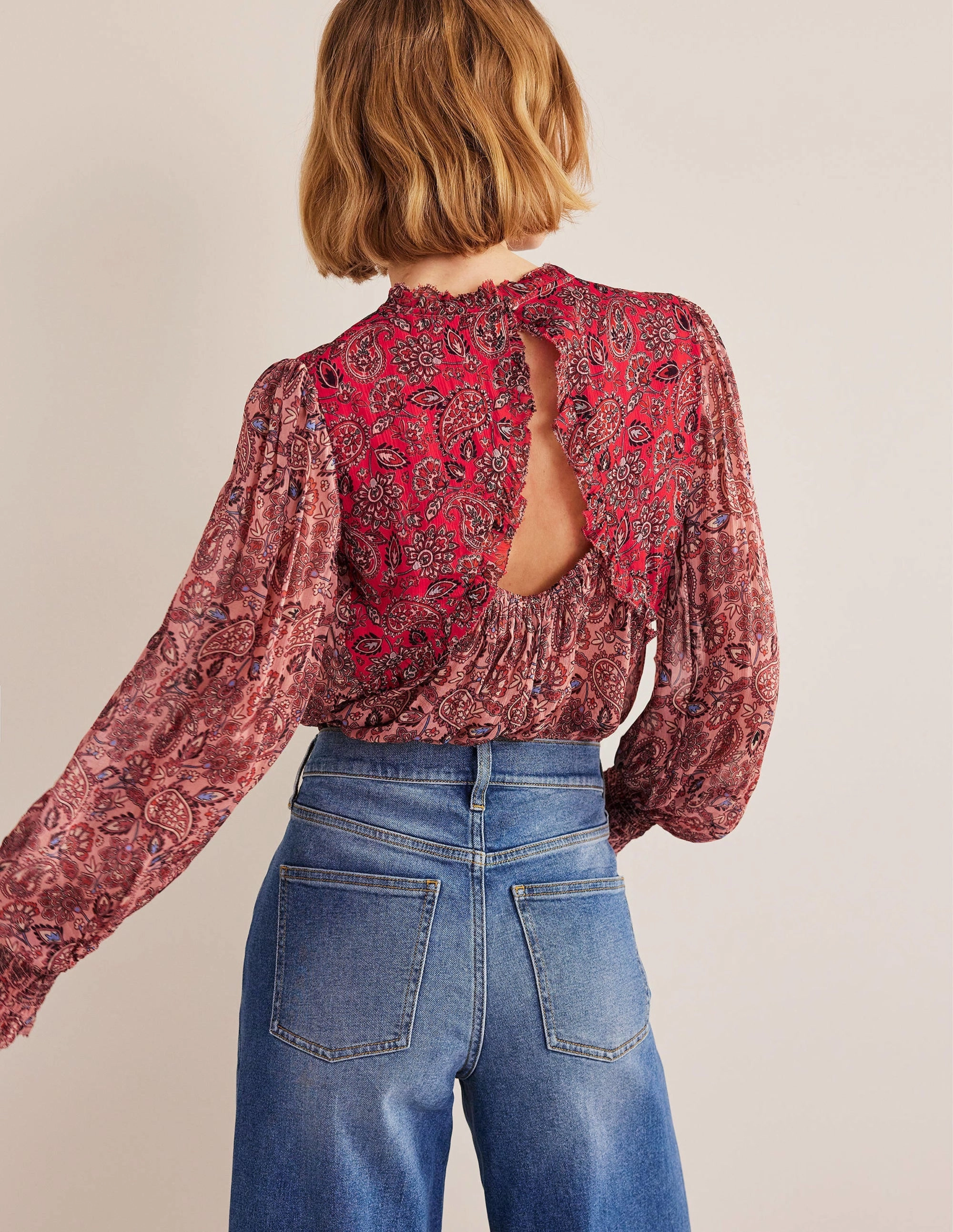 Ruffle Detail Swing Top-Chalky Pink, Paisley