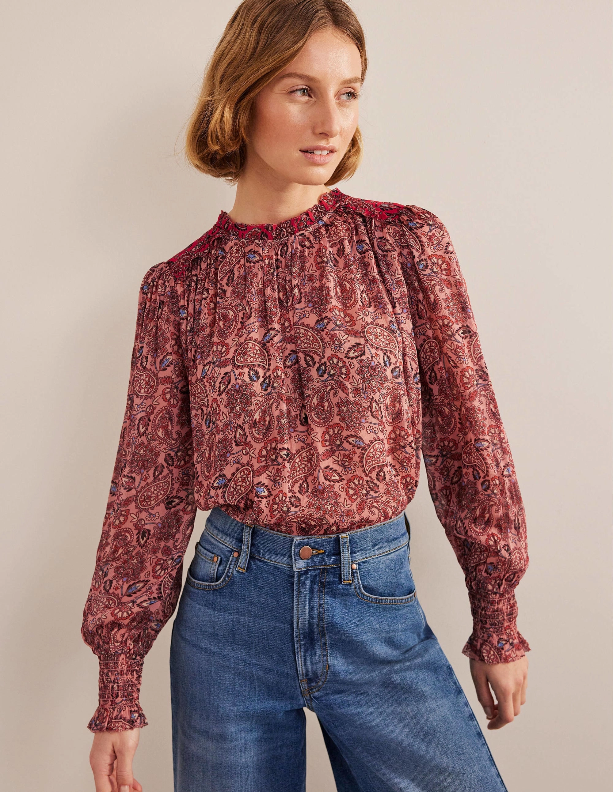 Ruffle Detail Swing Top-Chalky Pink, Paisley