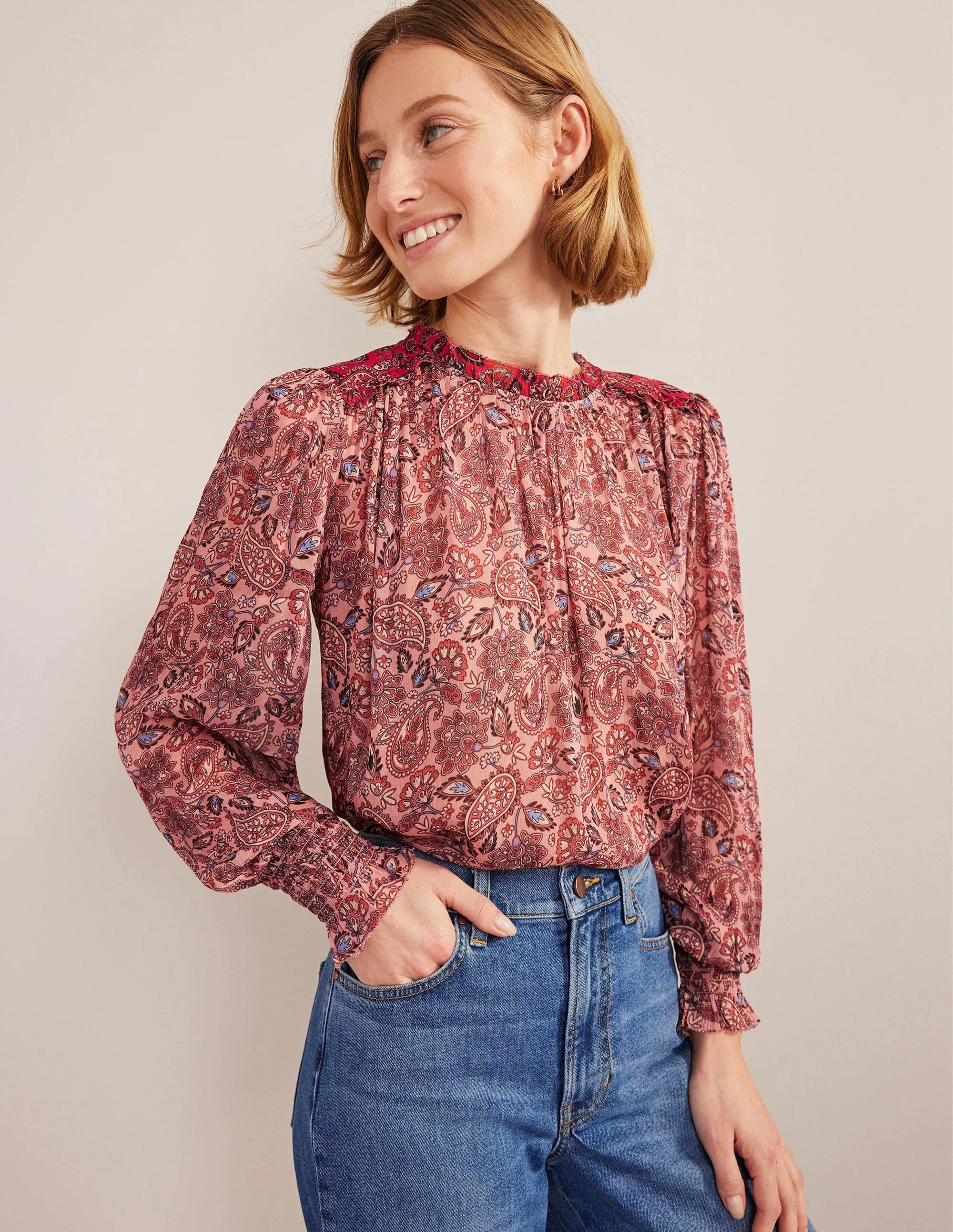 Ruffle Detail Swing Top-Chalky Pink, Paisley