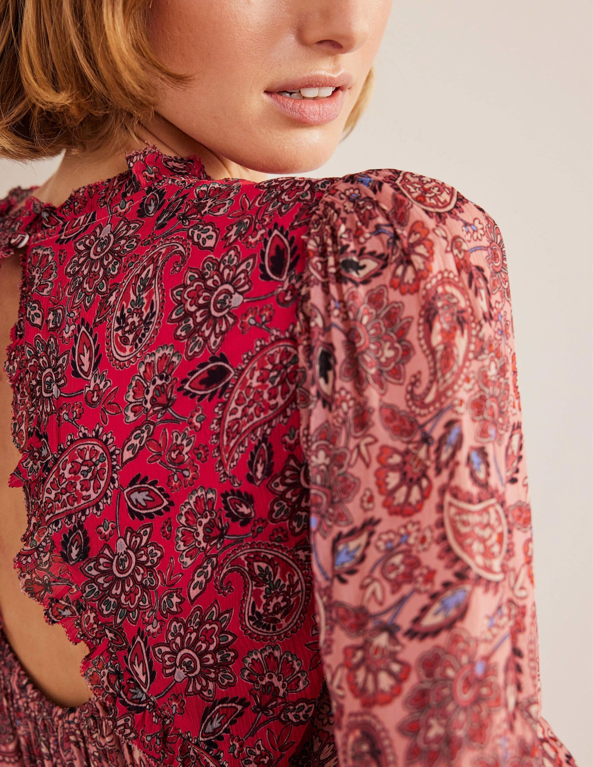 Ruffle Detail Swing Top-Chalky Pink, Paisley