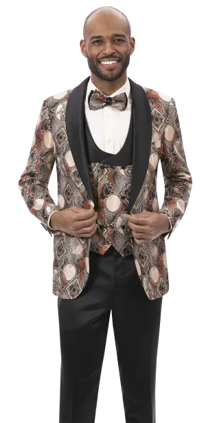 Rust Geometric Printed Fashion Blazer with Vest J180