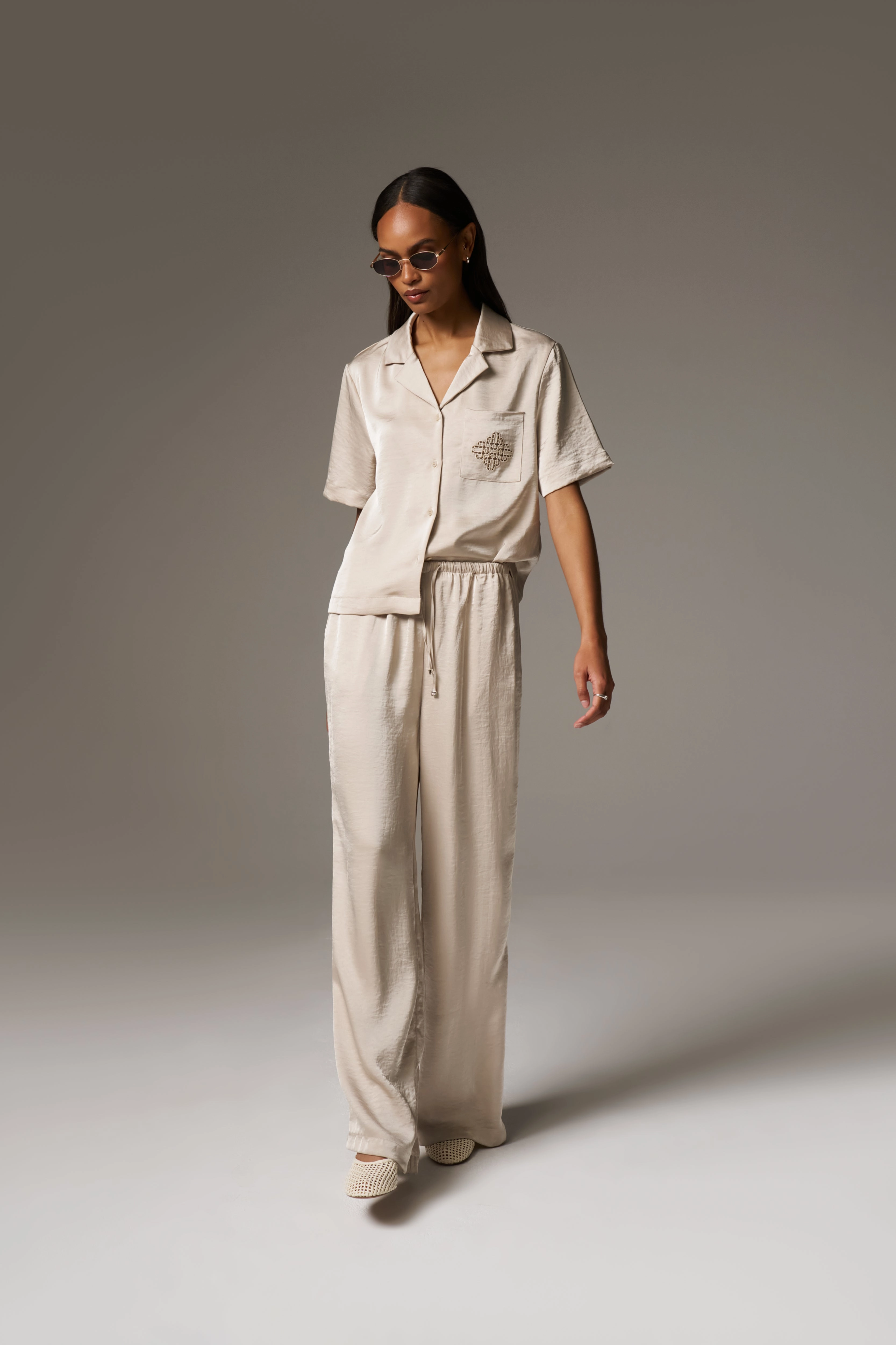 SATIN WIDE LEG EMBLEM TROUSERS - BEIGE