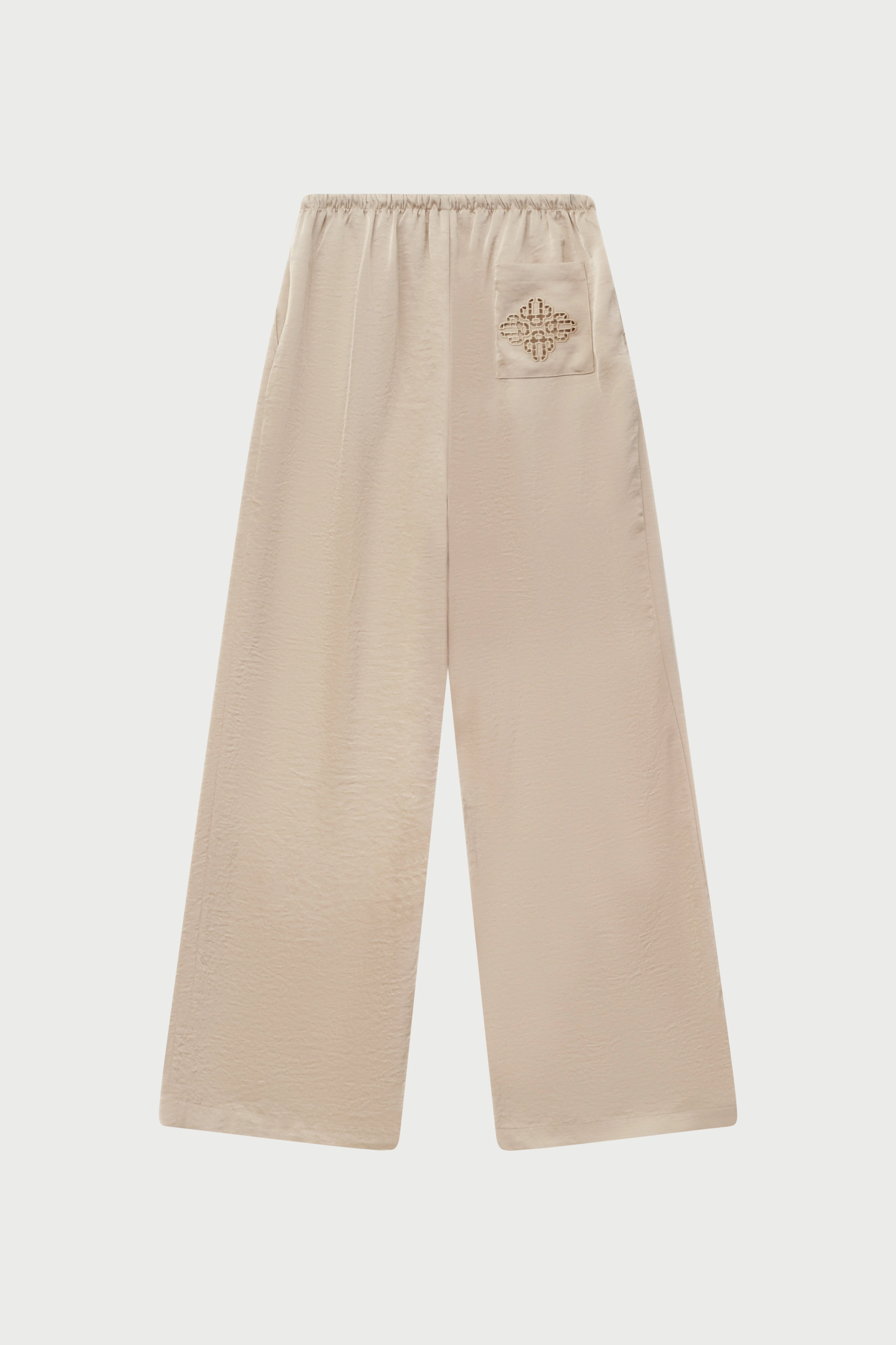 SATIN WIDE LEG EMBLEM TROUSERS - BEIGE