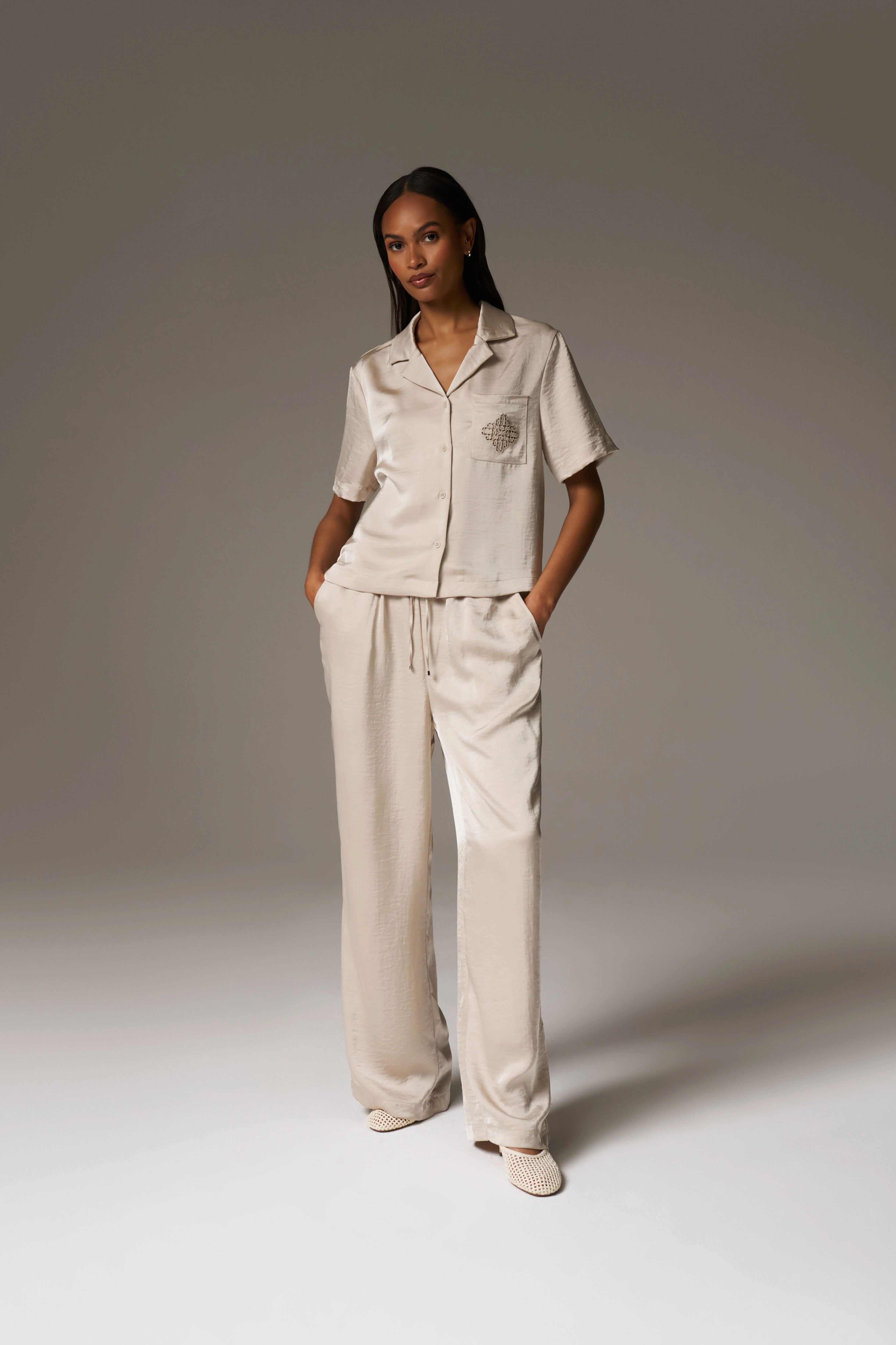 SATIN WIDE LEG EMBLEM TROUSERS - BEIGE