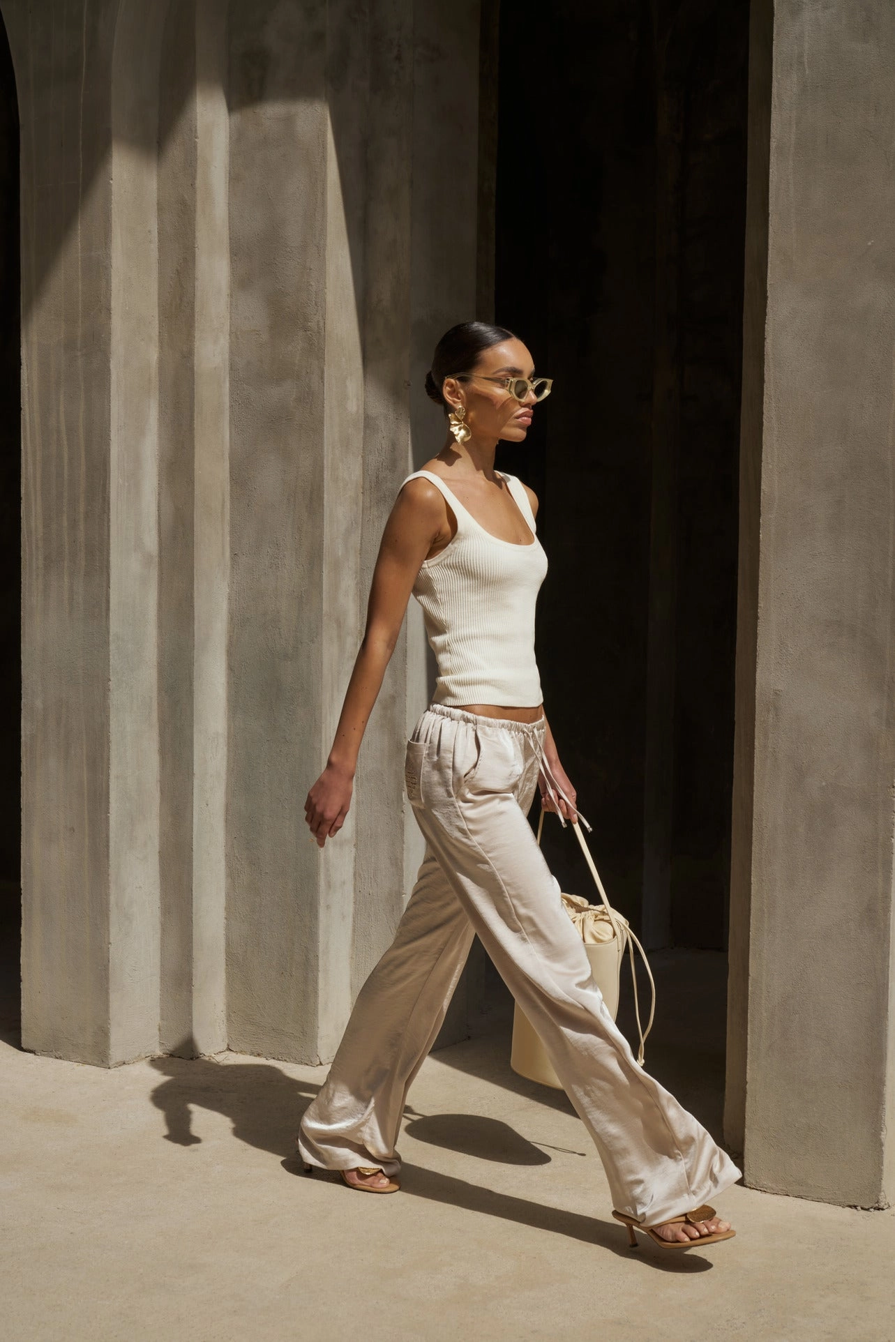 SATIN WIDE LEG EMBLEM TROUSERS - BEIGE