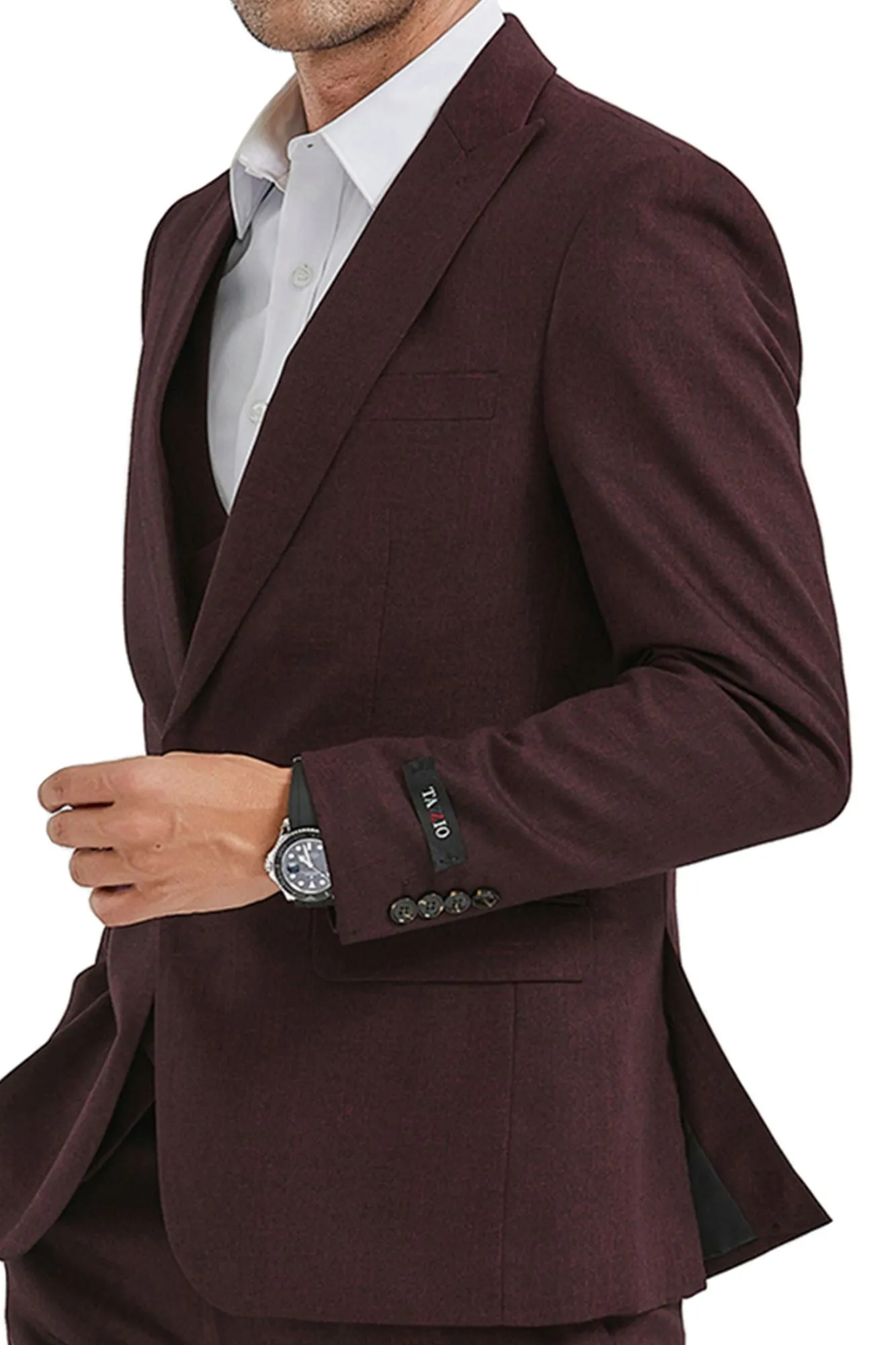 Seamless Collection: 3-Piece Slim Fit Solid Textured Suit For Men In Cherry