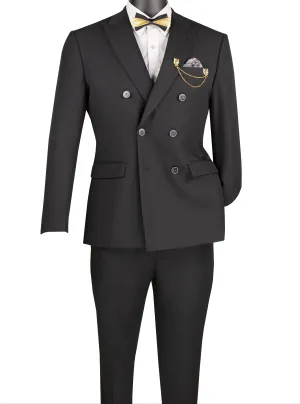 Shapley Collection: Black 2-Piece Slim Fit Double Breasted Suit in Luxurious Stretch Fabric