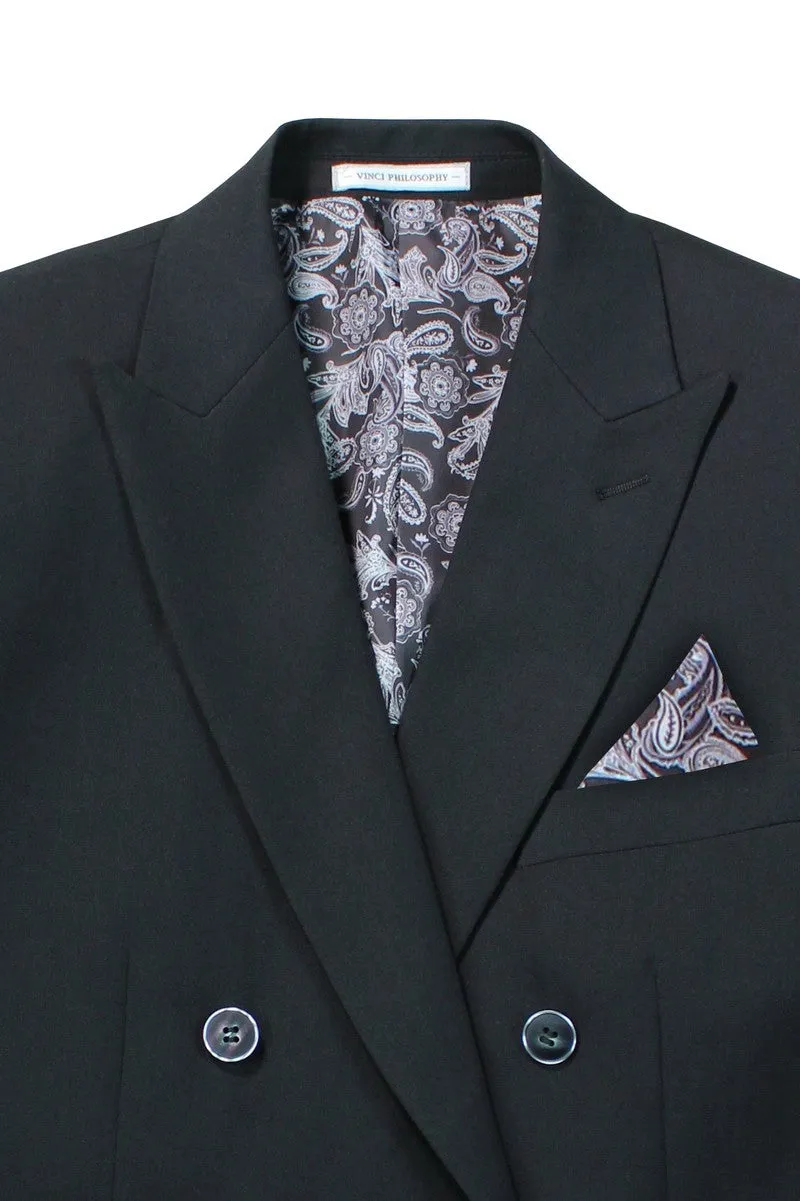Shapley Collection: Black 2-Piece Slim Fit Double Breasted Suit in Luxurious Stretch Fabric