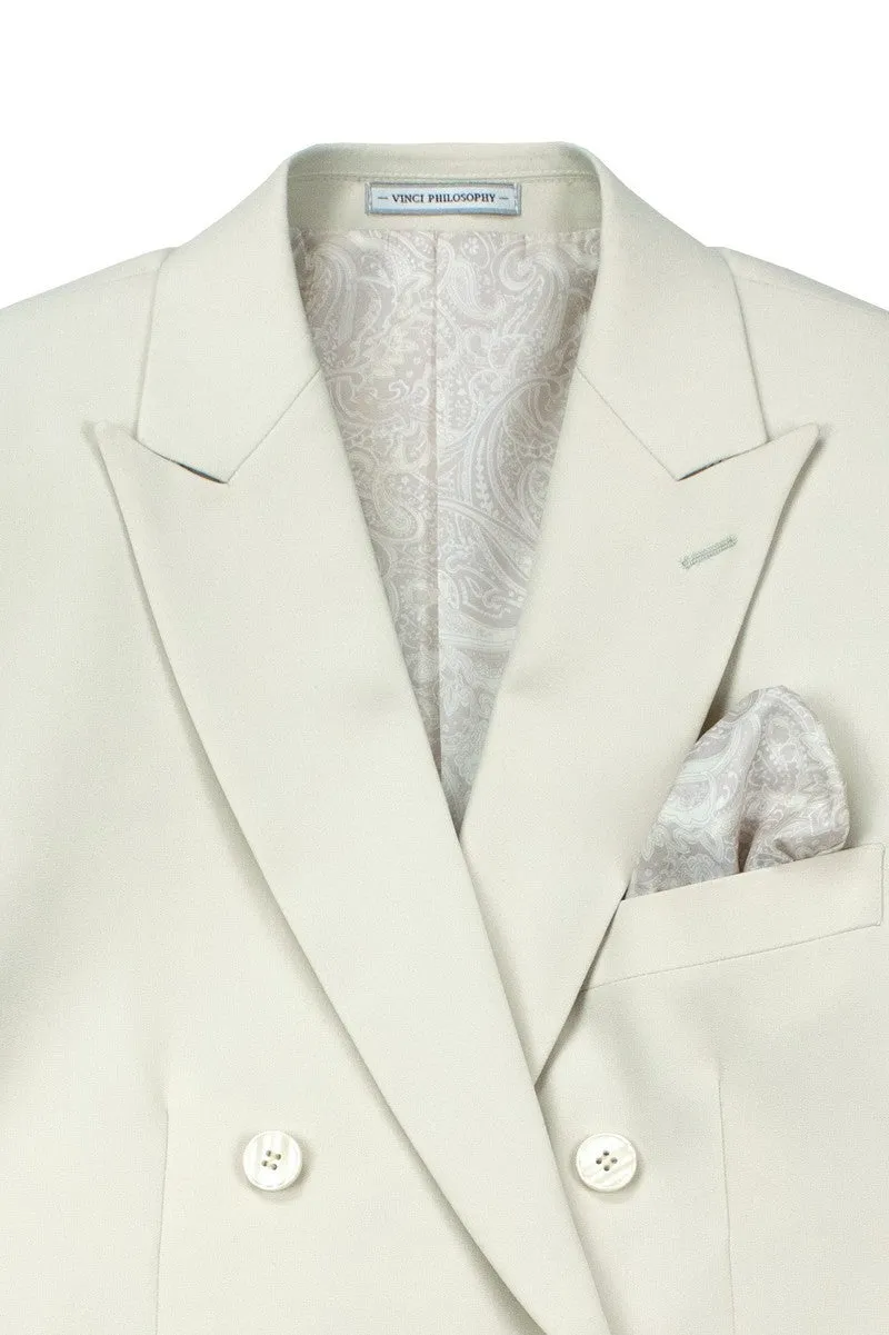 Shapley Collection: Bone White 2-Piece Slim Fit Double Breasted Suit in Luxurious Stretch Fabric