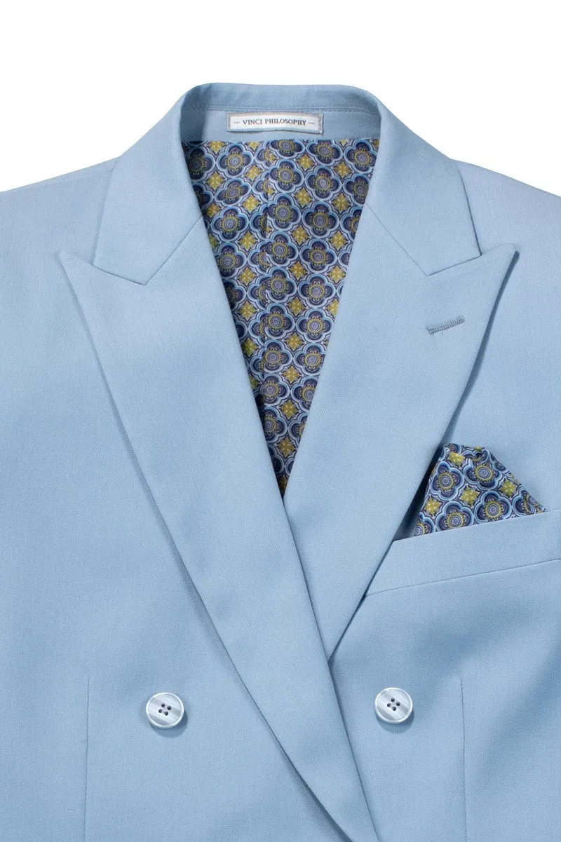 Shapley Collection: Ice Blue 2-Piece Slim Fit Double Breasted Suit in Luxurious Stretch Fabric