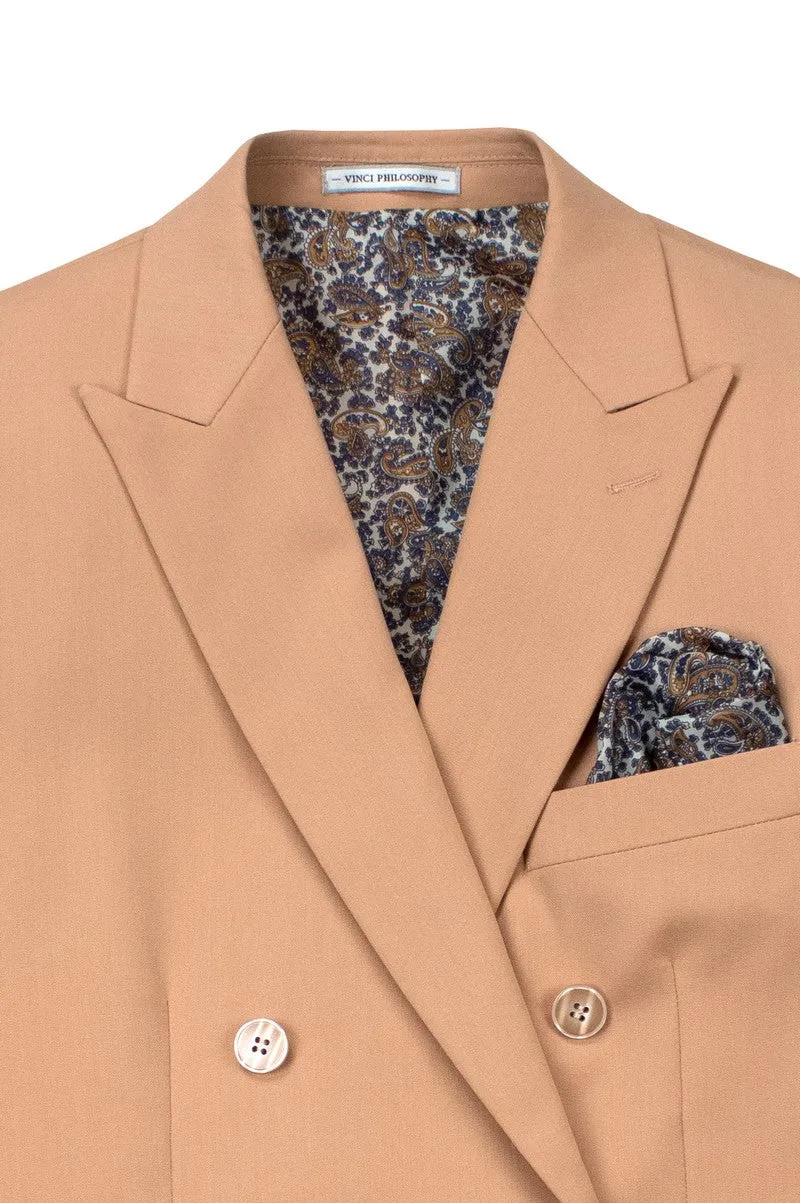 Shapley Collection: Peach 2-Piece Slim Fit Double Breasted Suit in Luxurious Stretch Fabric
