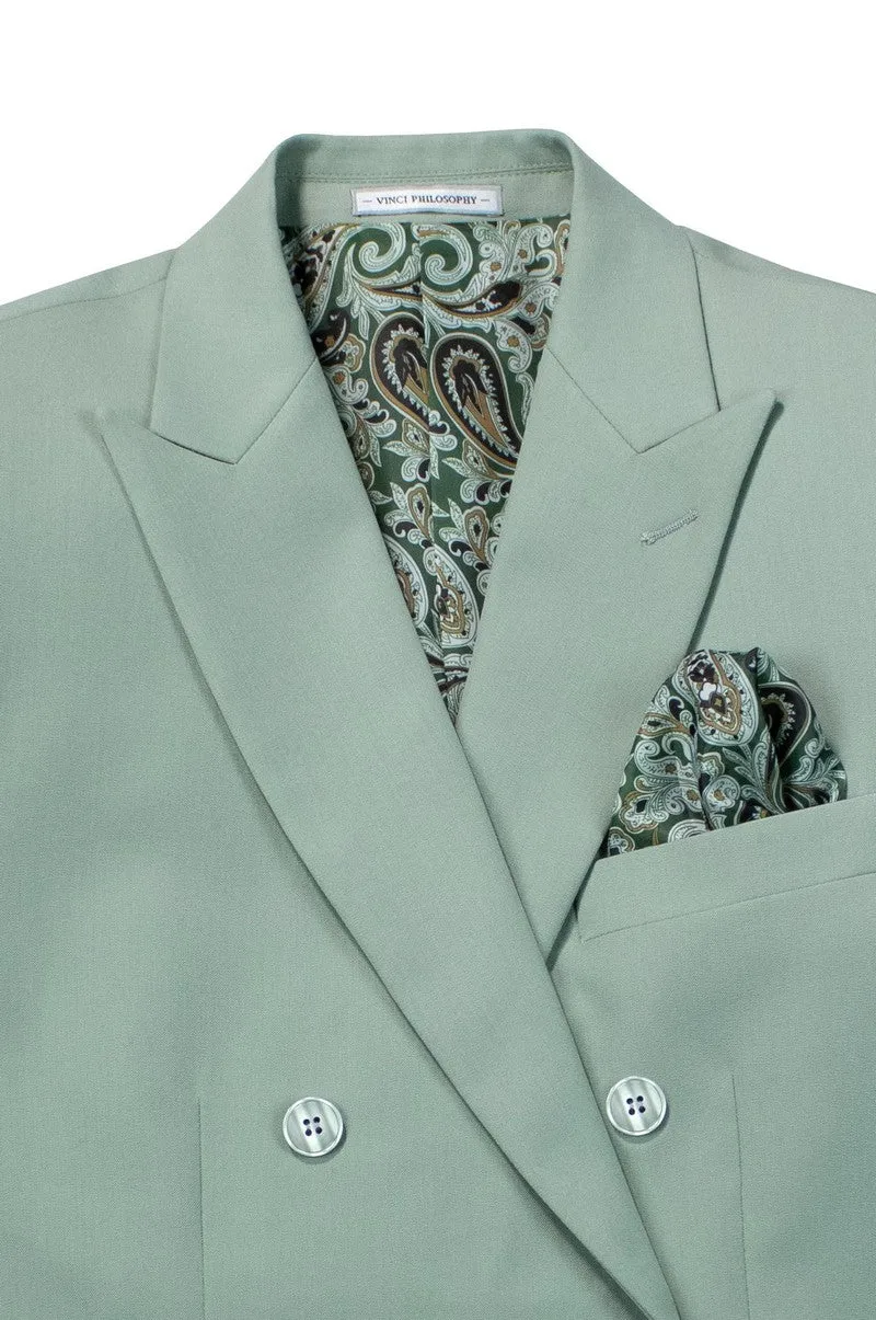Shapley Collection: Sage Green 2-Piece Slim Fit Double Breasted Suit in Luxurious Stretch Fabric