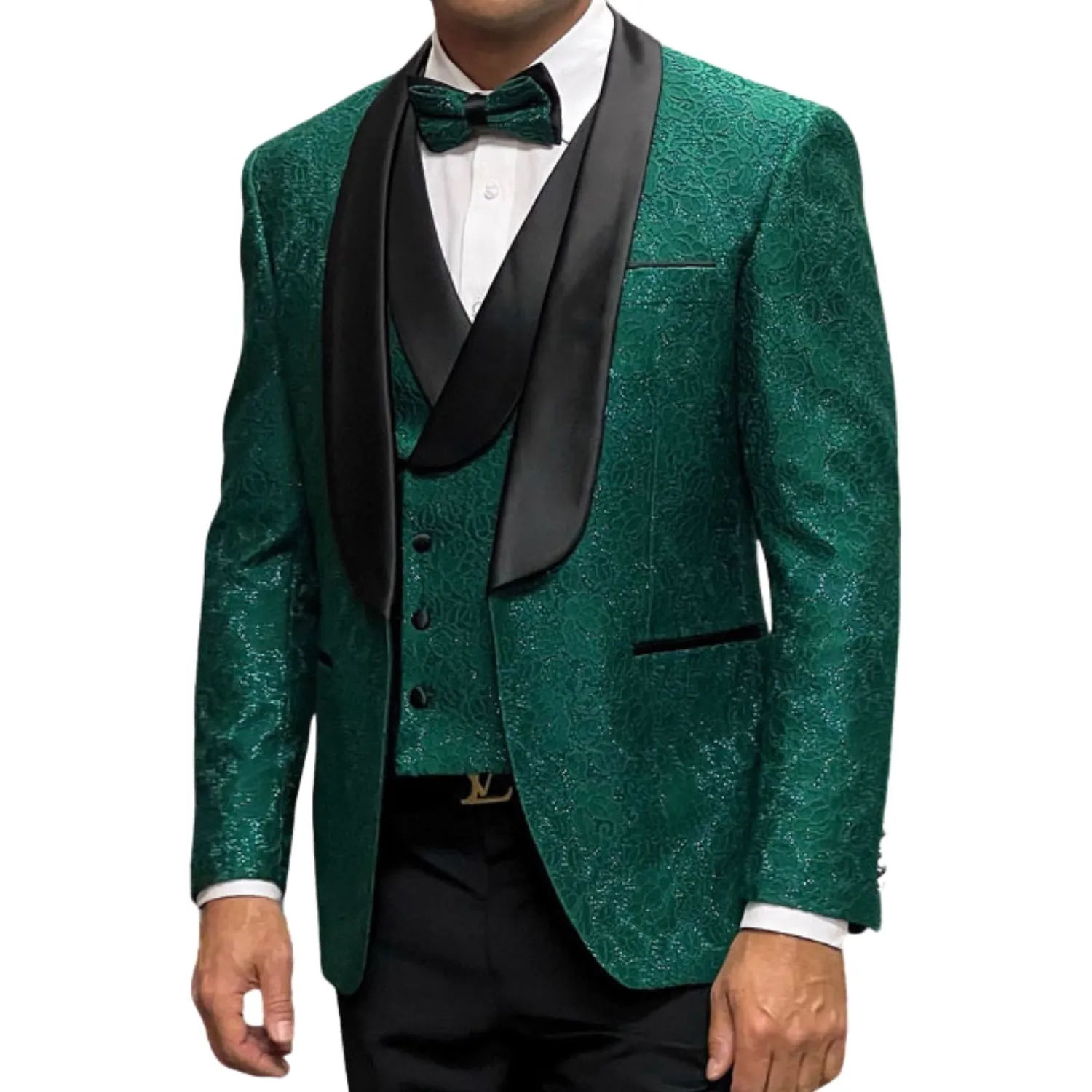 Slickora Collection: Hunter Green 3-Piece Fancy Lace Tuxedo with Double-Breasted Vest