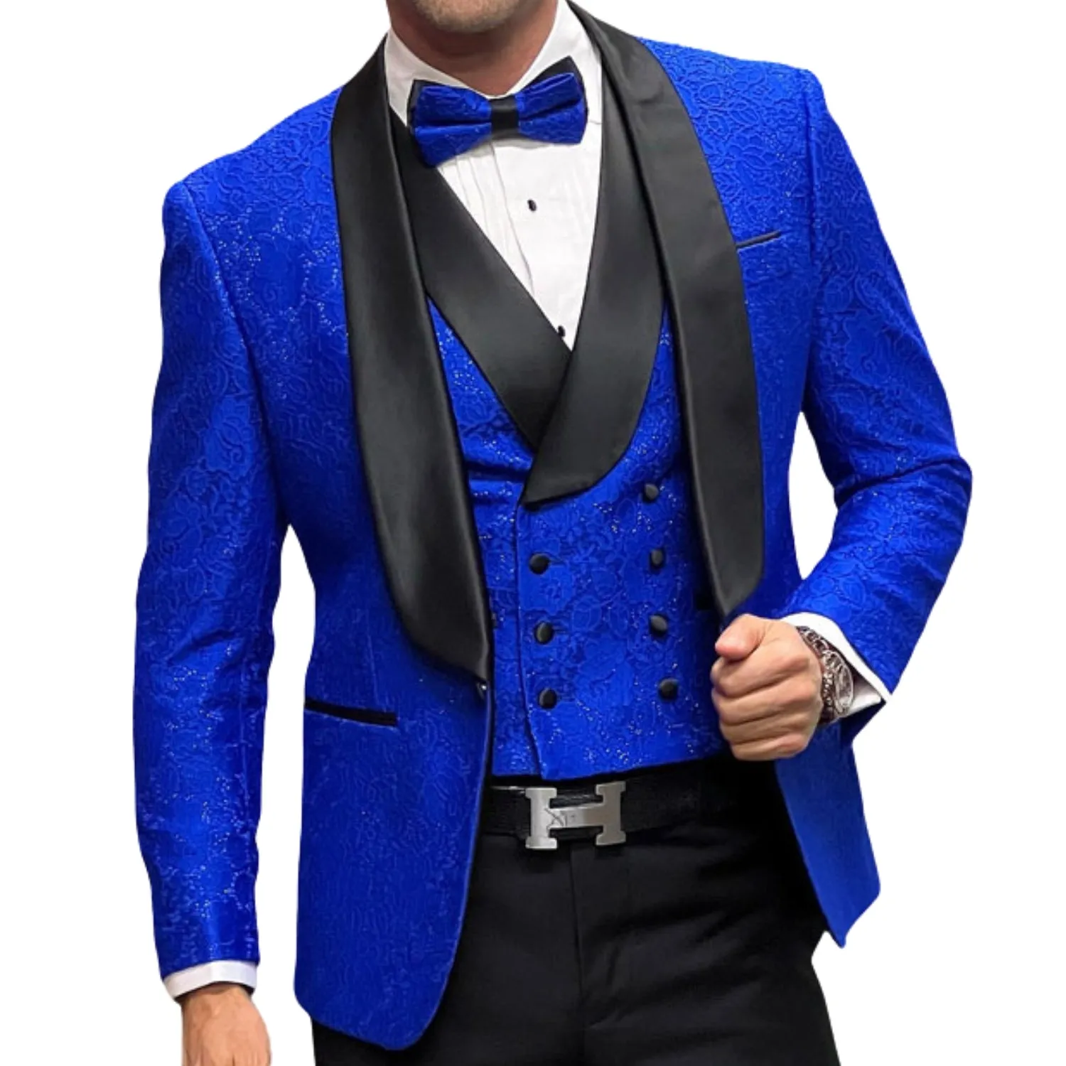 Slickora Collection: Sapphire 3-Piece Fancy Lace Tuxedo with Double-Breasted Vest
