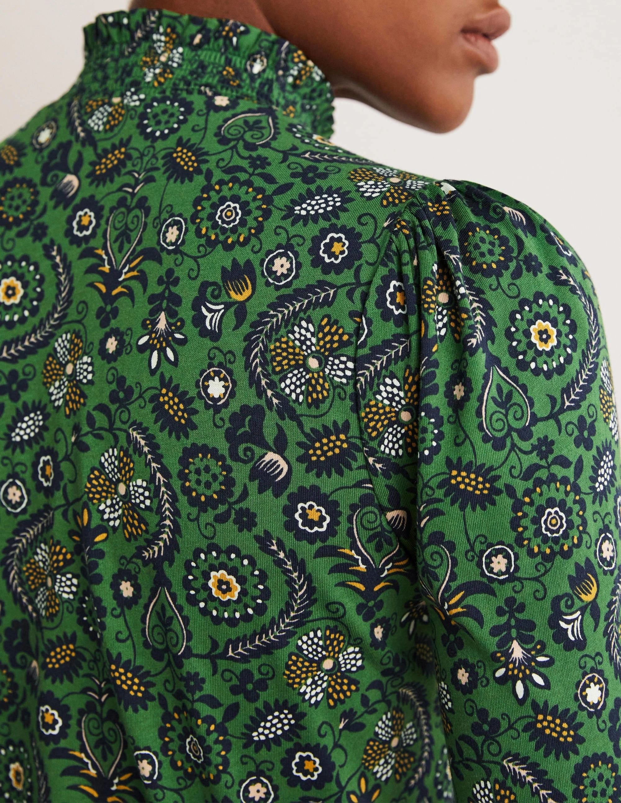 Smocked Neck Printed Top-Broad Bean, Tropic Charm