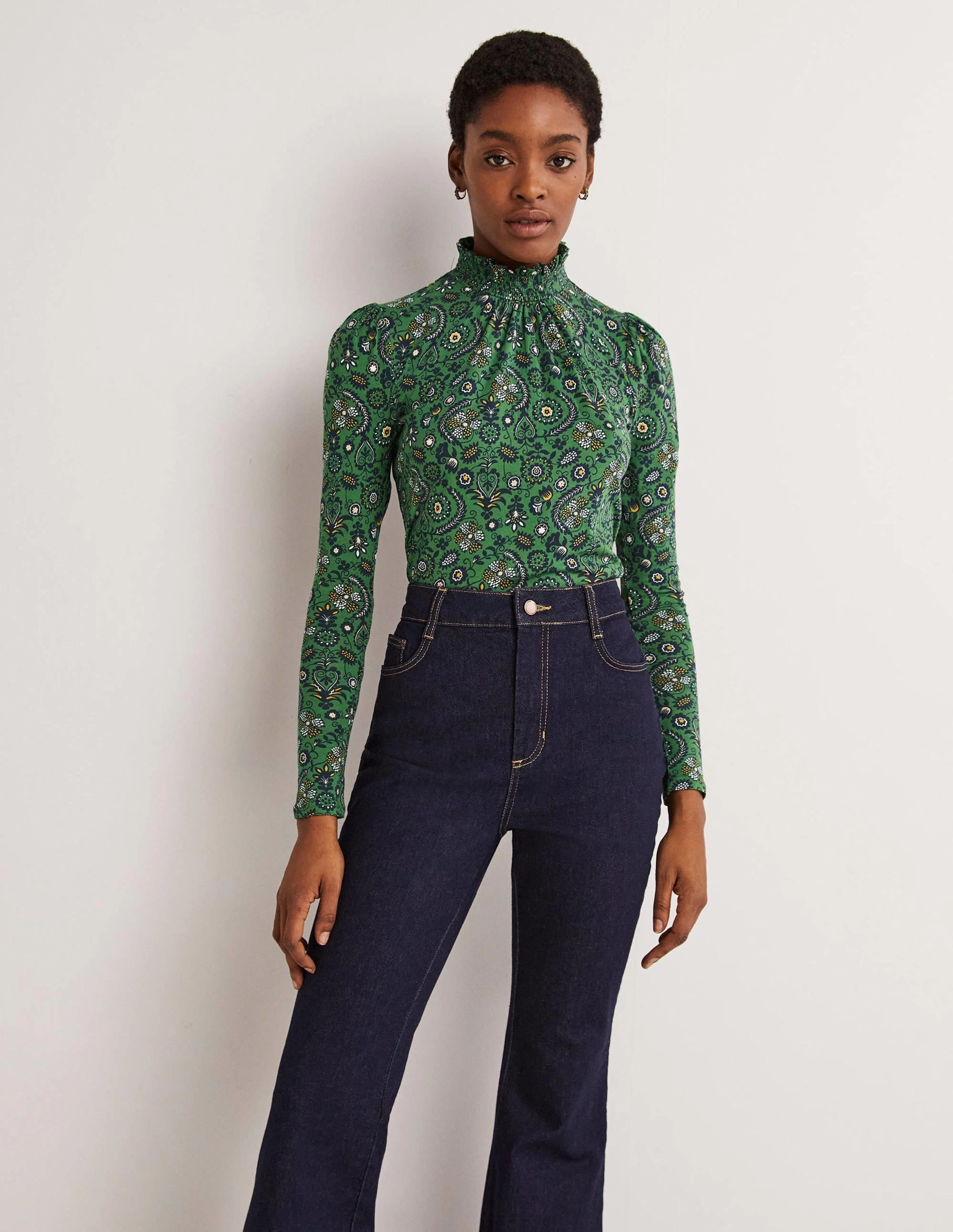 Smocked Neck Printed Top-Broad Bean, Tropic Charm