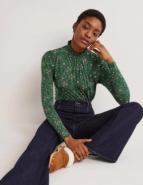 Smocked Neck Printed Top-Broad Bean, Tropic Charm