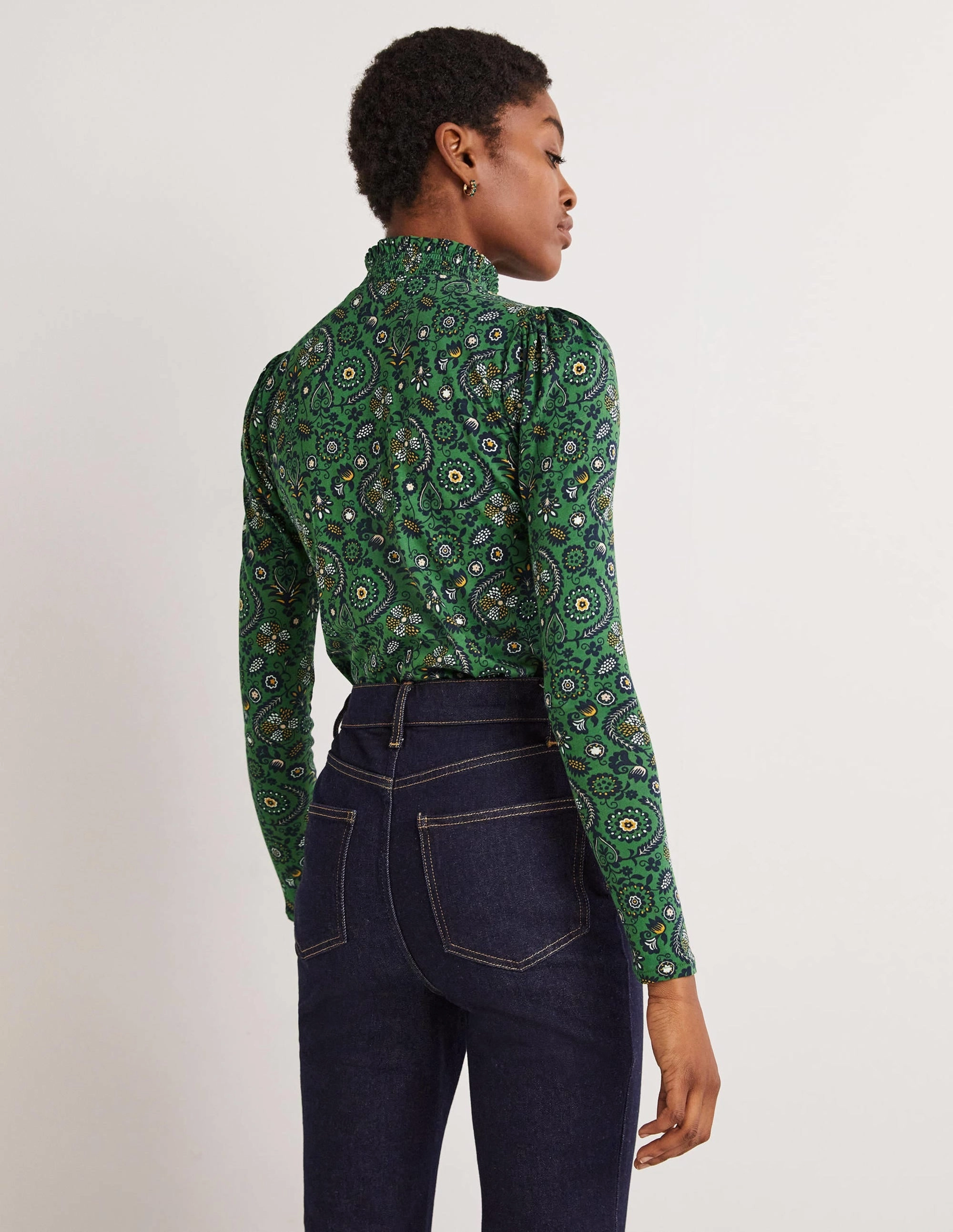 Smocked Neck Printed Top-Broad Bean, Tropic Charm