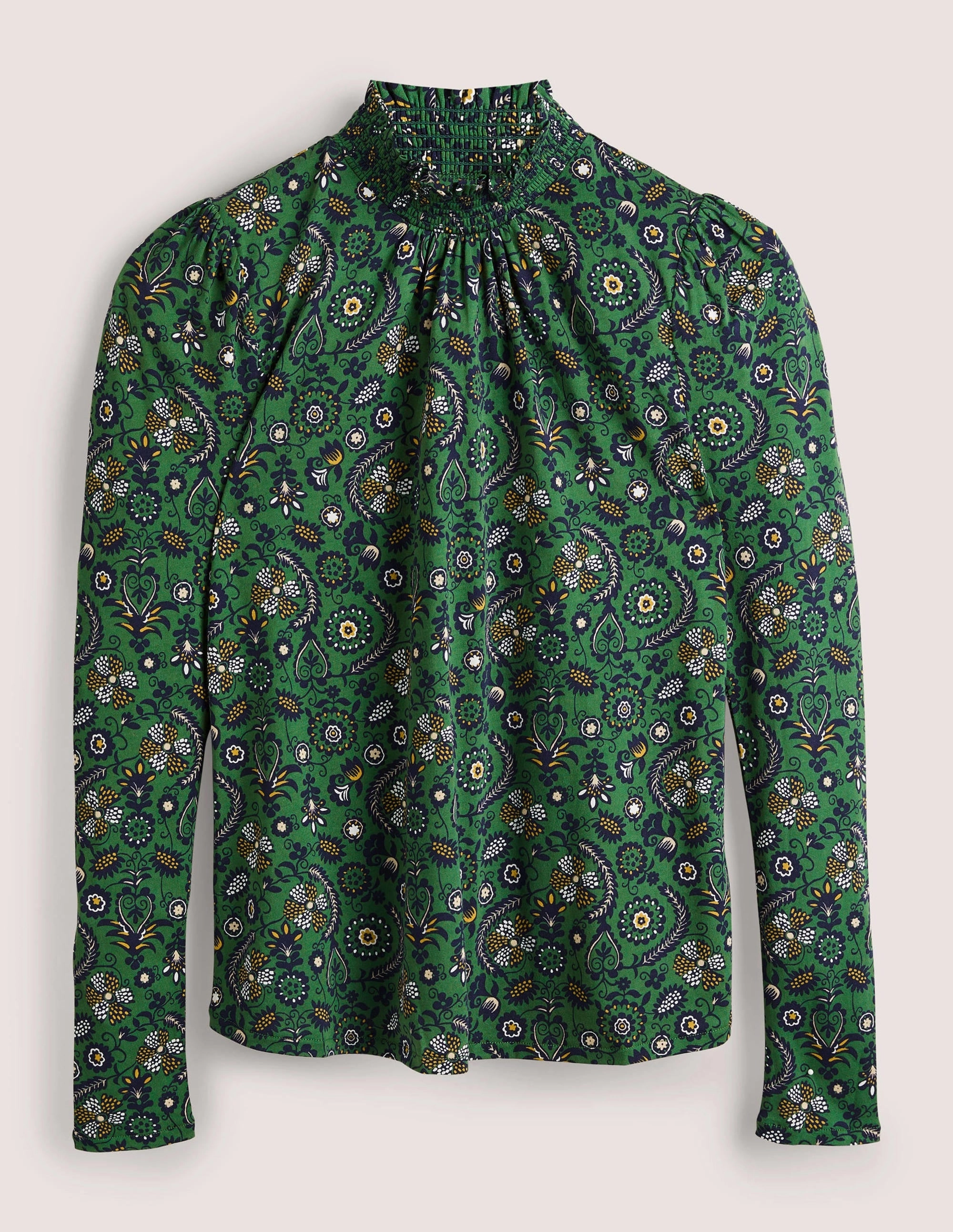 Smocked Neck Printed Top-Broad Bean, Tropic Charm