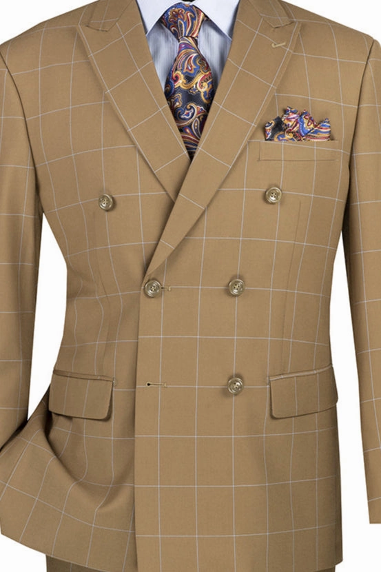 Sophistichic Collection: Camel Brown 2 Piece Windowpane Double Breasted Modern Fit Suit
