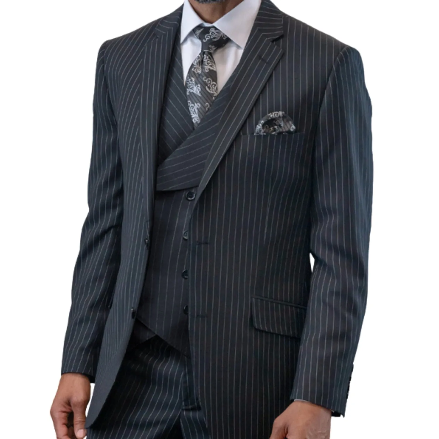 Sovereign Stripe Black Pinstripe 3-Piece Suit with Double-Breasted Vest - Modern Fit