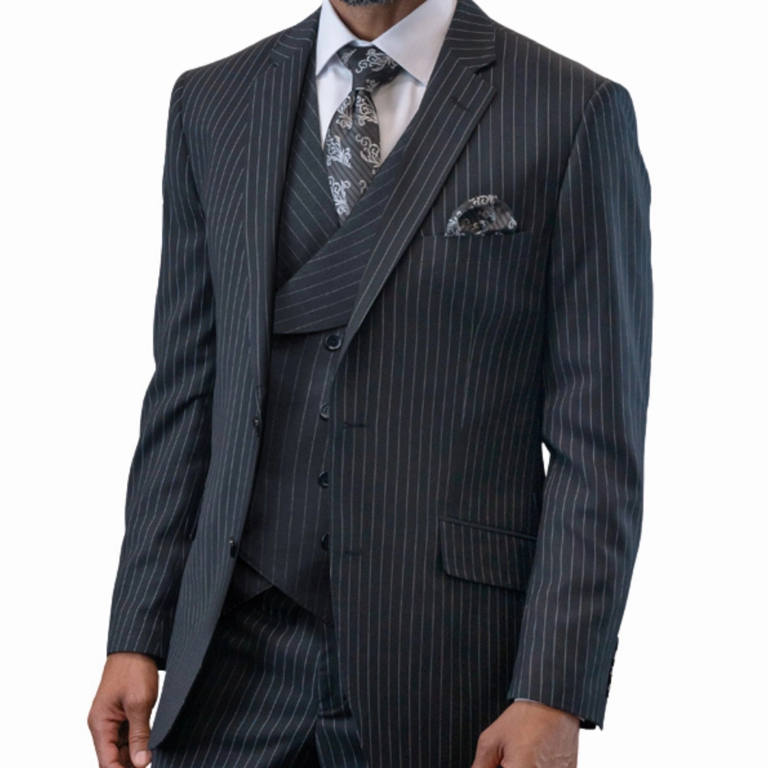 Sovereign Stripe Black Pinstripe 3-Piece Suit with Double-Breasted Vest - Modern Fit