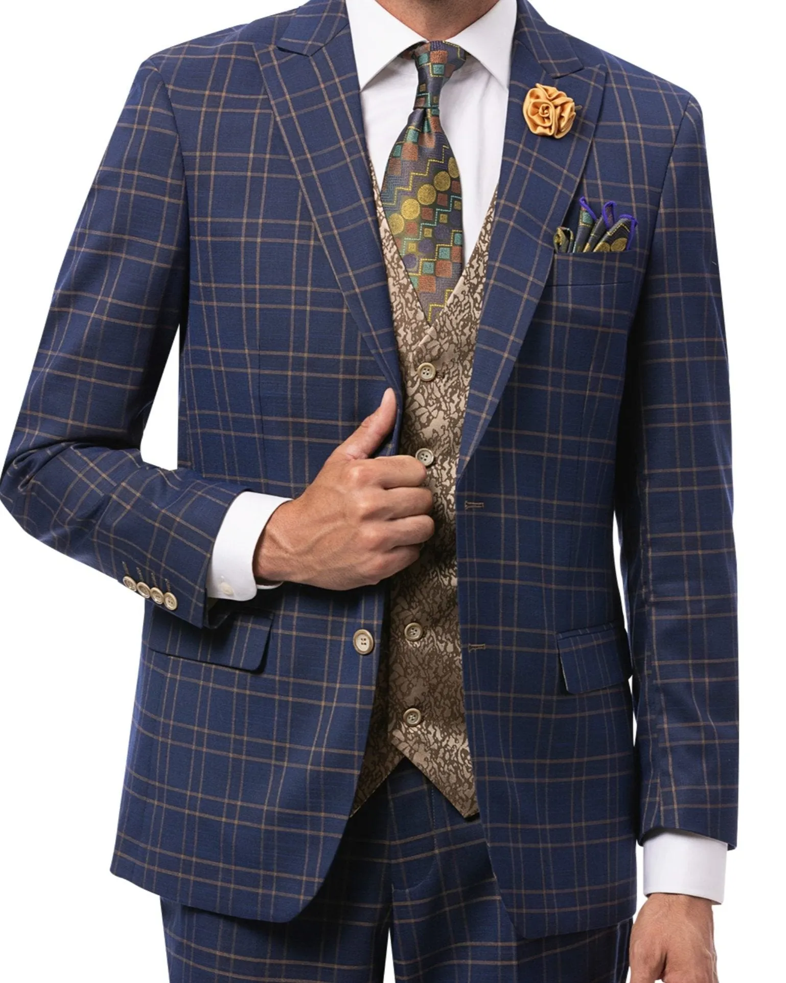 Stately Blue Plaid Single-Breasted 3-Piece Suit with Fancy Vest