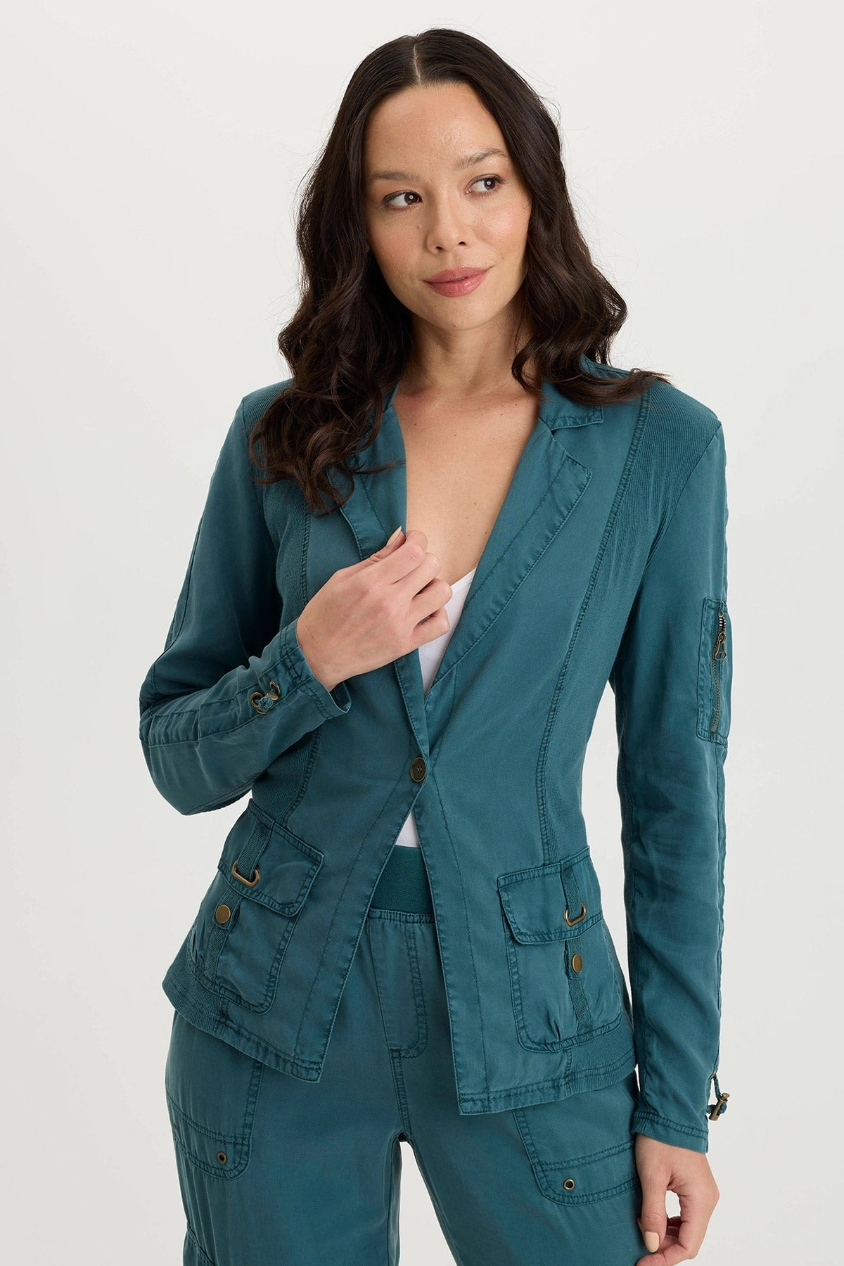 Stratford Twill/Jersey 3/4-Sleeve Blazer Jacket