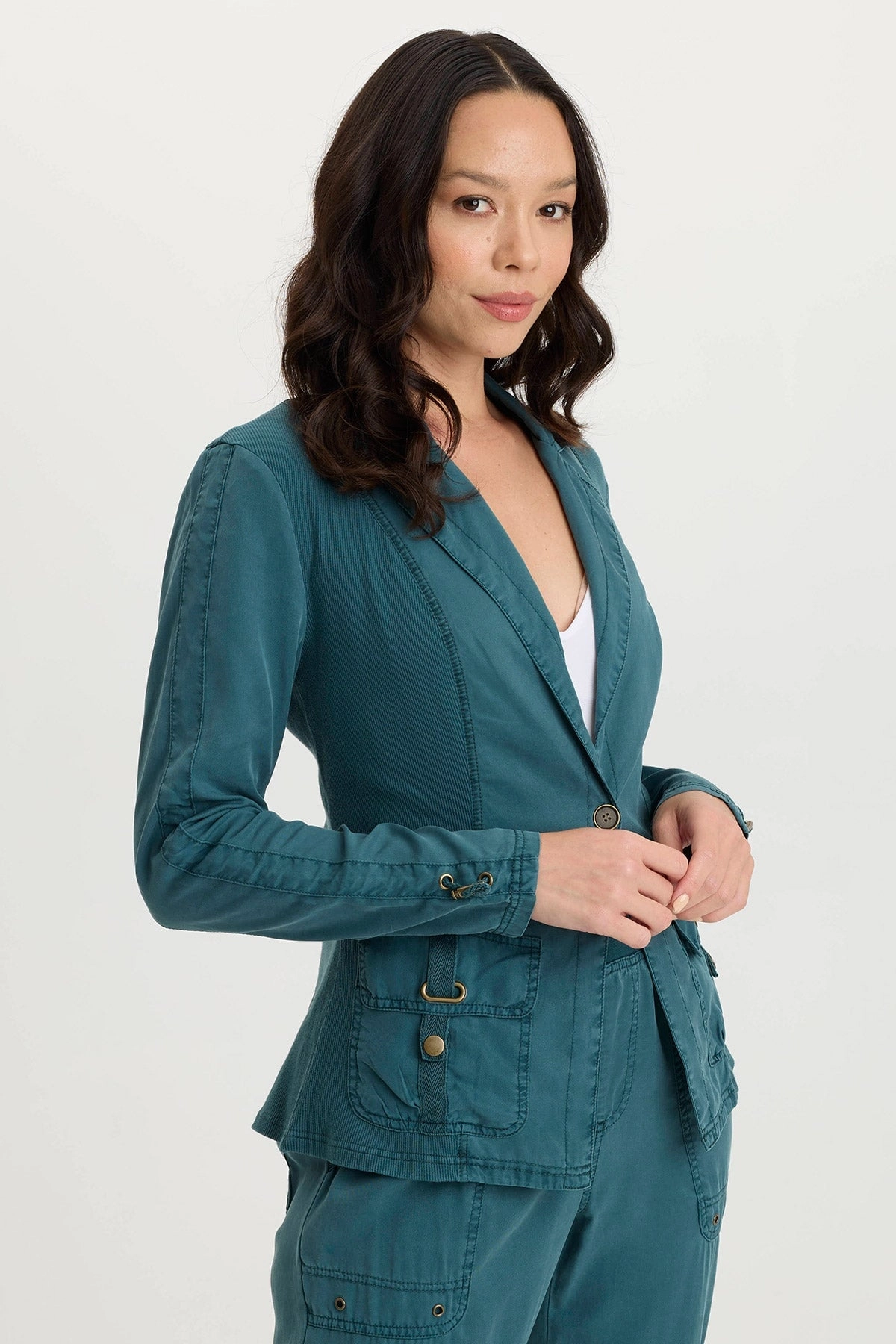 Stratford Twill/Jersey 3/4-Sleeve Blazer Jacket