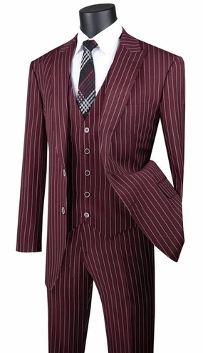 Suitania Collection: Burgundy 3 Piece Pinstripe Single Breasted Regular Fit Suit
