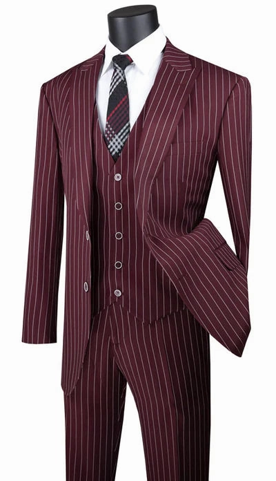 Suitania Collection: Burgundy 3 Piece Pinstripe Single Breasted Regular Fit Suit