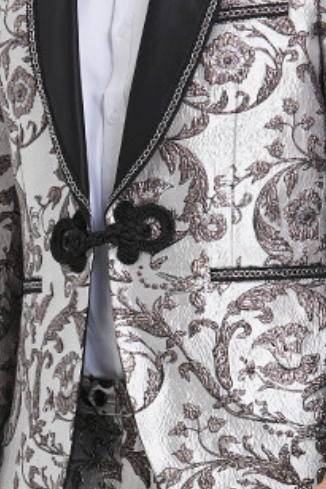 Tazzio Men's Silver Paisley Print 2-Pc Suit with Satin Shawl Collar and Slim Fit Pants